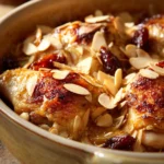 Close-up of a chicken and date casserole with creamy sauce in a white dish.