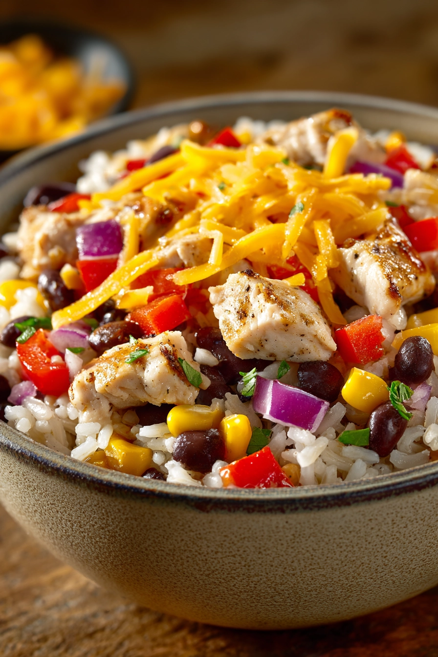 Close-up of a Chicken and Rice Burrito Bowl with fresh ingredients and vibrant colors.