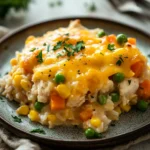 Close-up of chicken and rice with veggies casserole in a bright, warm setting.