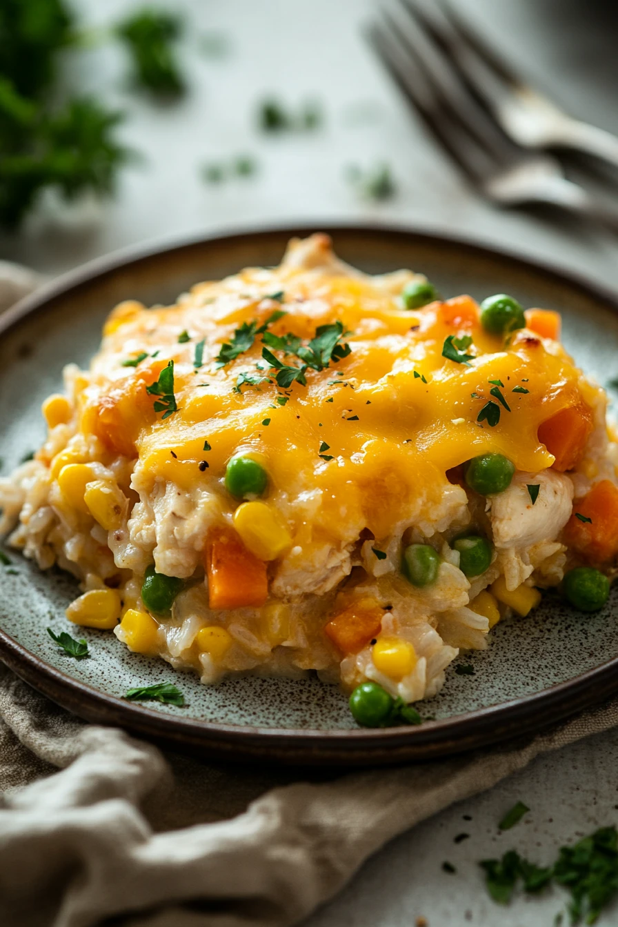 Close-up of chicken and rice with veggies casserole in a bright, warm setting.