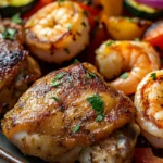 Close-up of a chicken and shrimp sheet pan meal with vegetables, bright and appetizing.