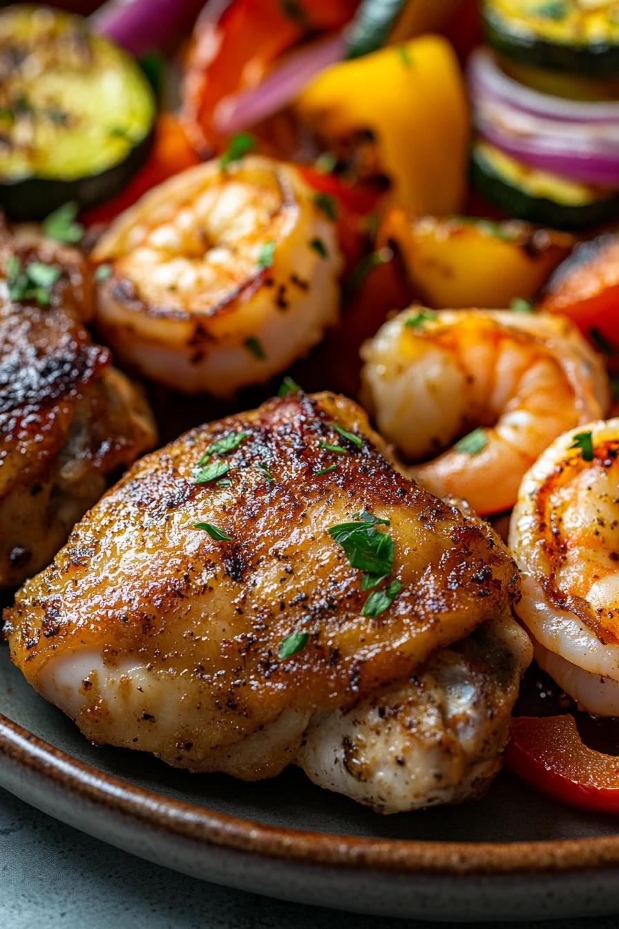 Close-up of a chicken and shrimp sheet pan meal with vegetables, bright and appetizing.