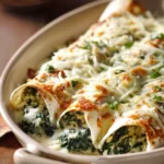 Close-up of chicken and spinach enchiladas with melted cheese and fresh herbs.
