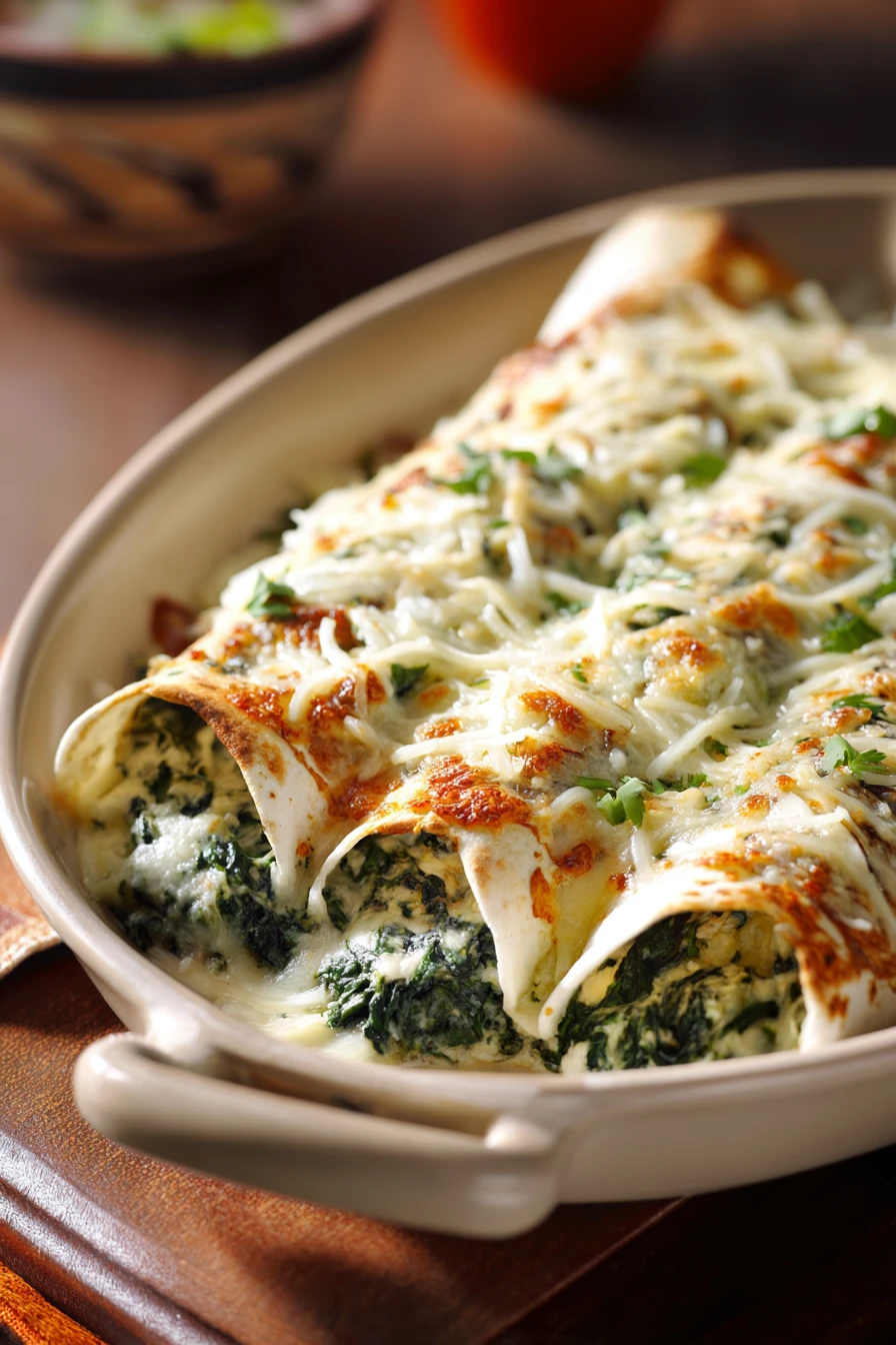 Close-up of chicken and spinach enchiladas with melted cheese and fresh herbs.