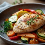 Close-up of chicken breast with vegetables on a clean plate, vibrant and appetizing.