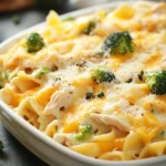 Close-up of chicken broccoli casserole with egg noodles in a creamy sauce.