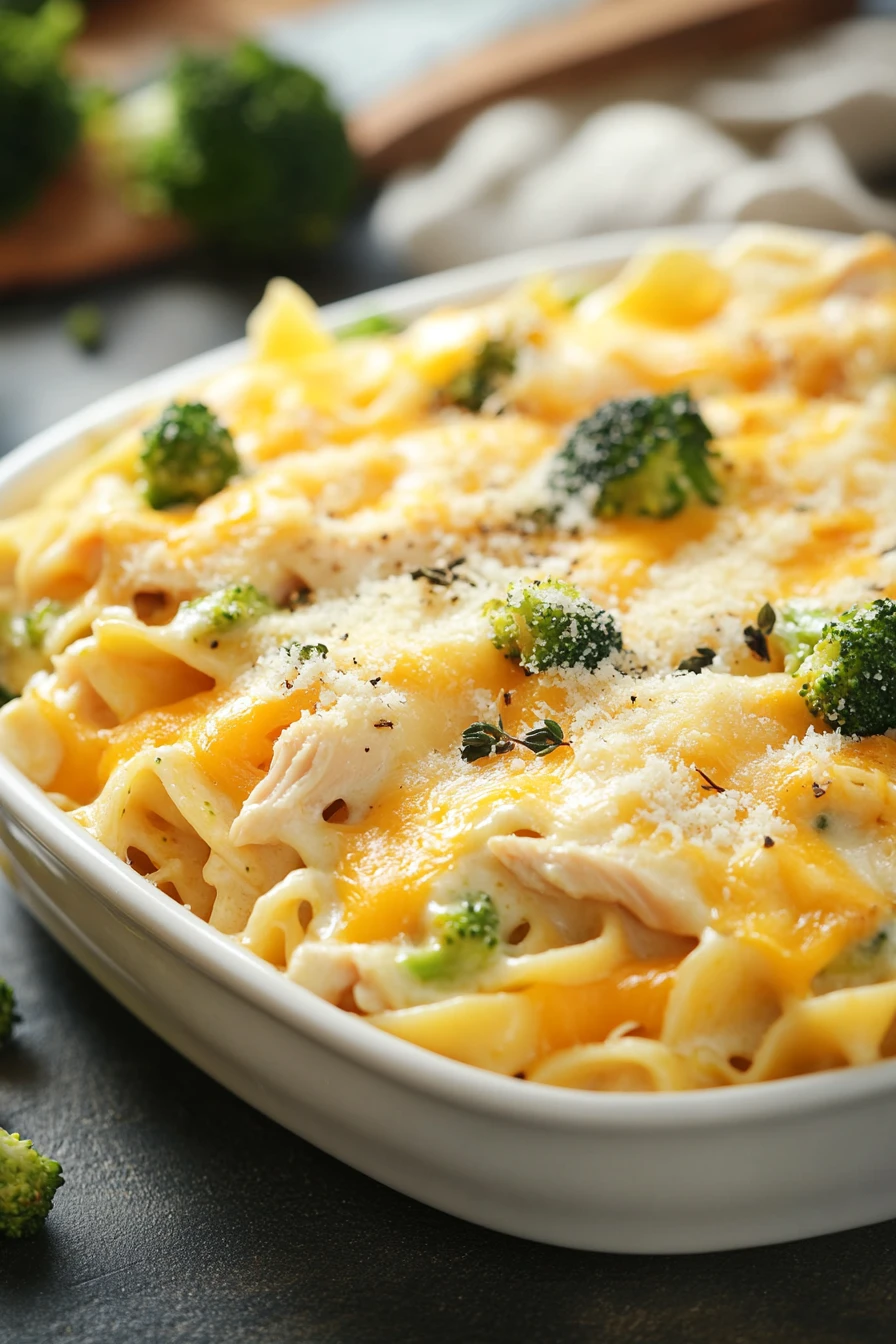 Close-up of chicken broccoli casserole with egg noodles in a creamy sauce.