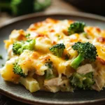 Close-up of chicken broccoli casserole with creamy sauce and potatoes