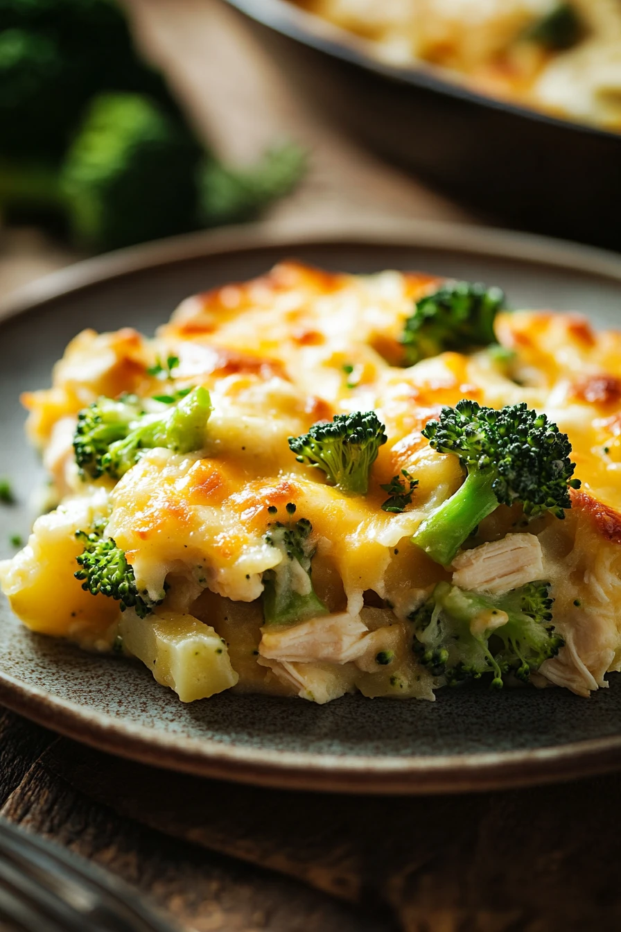 Close-up of chicken broccoli casserole with creamy sauce and potatoes