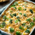 Close-up of chicken broccoli casserole with yogurt sauce, topped with cheese and herbs.