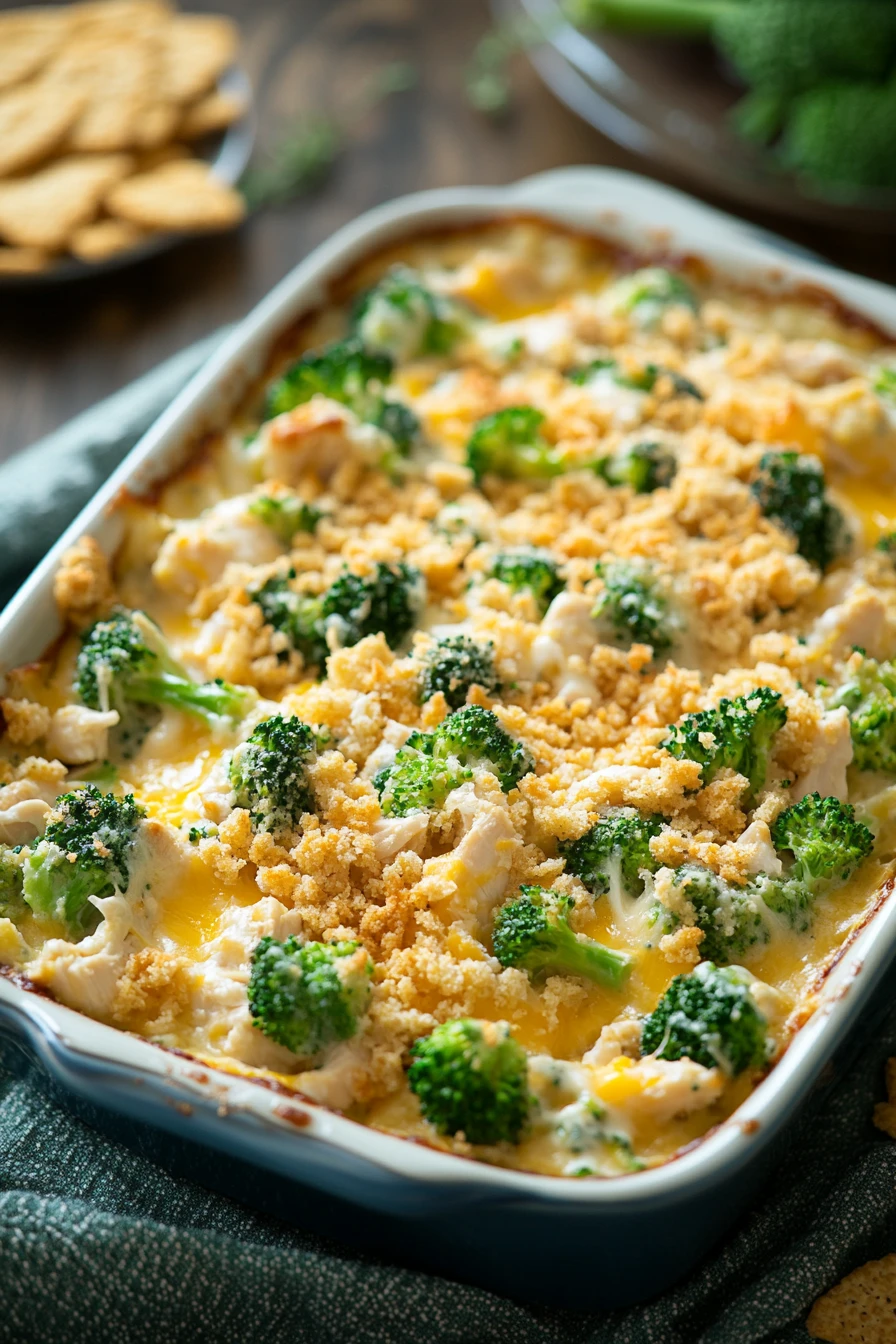 Close-up of chicken broccoli casserole with yogurt sauce, topped with cheese and herbs.