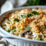 Close-up of a chicken casserole with noodles, featuring creamy sauce and herbs.