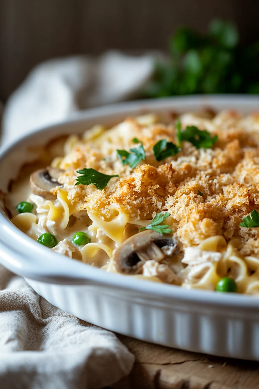 Close-up of a chicken casserole with noodles, featuring creamy sauce and herbs.