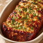 Close-up of chicken meatloaf with garlic and parmesan, garnished with herbs.