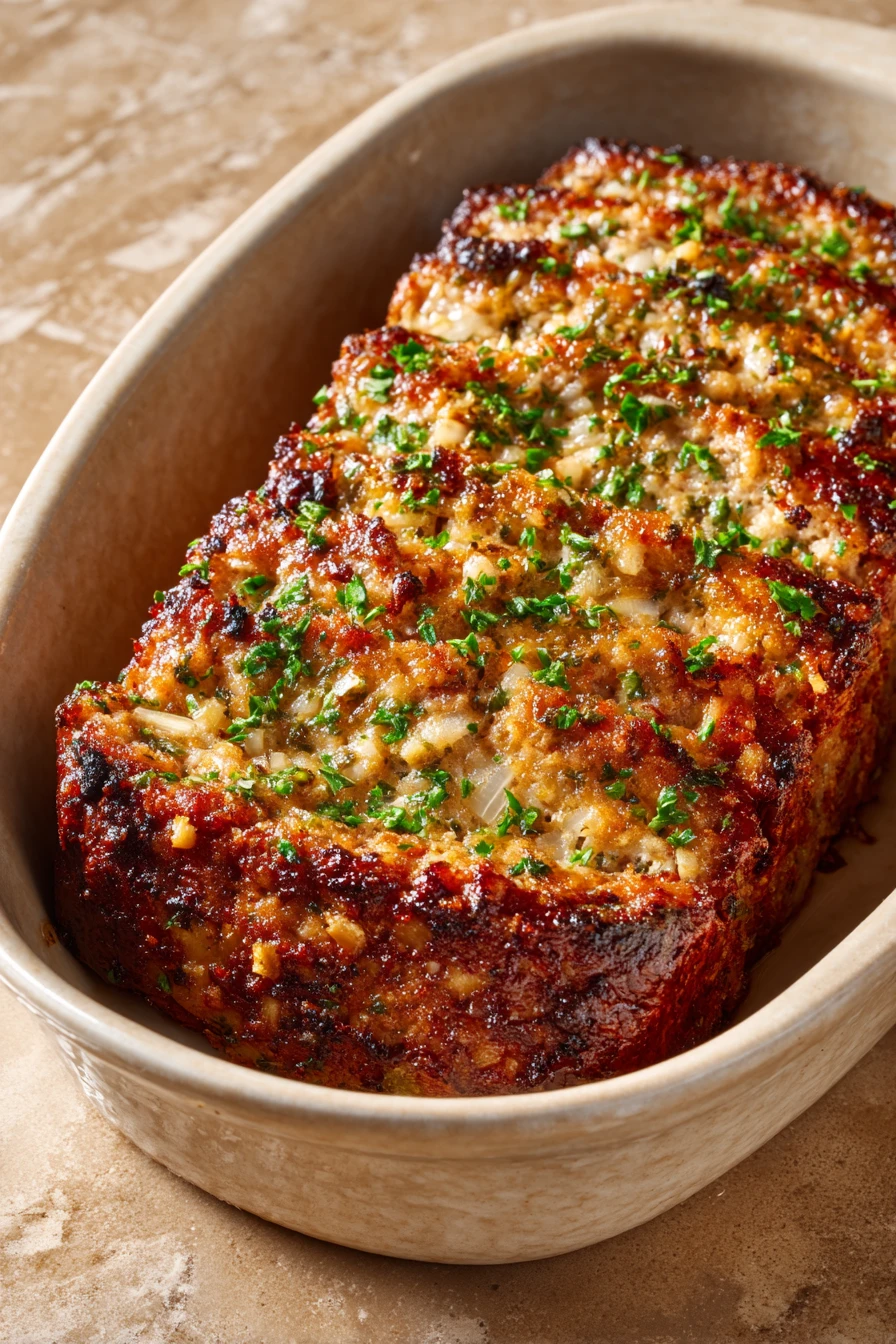 Close-up of chicken meatloaf with garlic and parmesan, garnished with herbs.