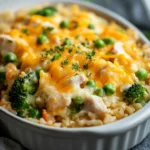 Close-up of a chicken rice casserole with a golden crust, served in a white dish.