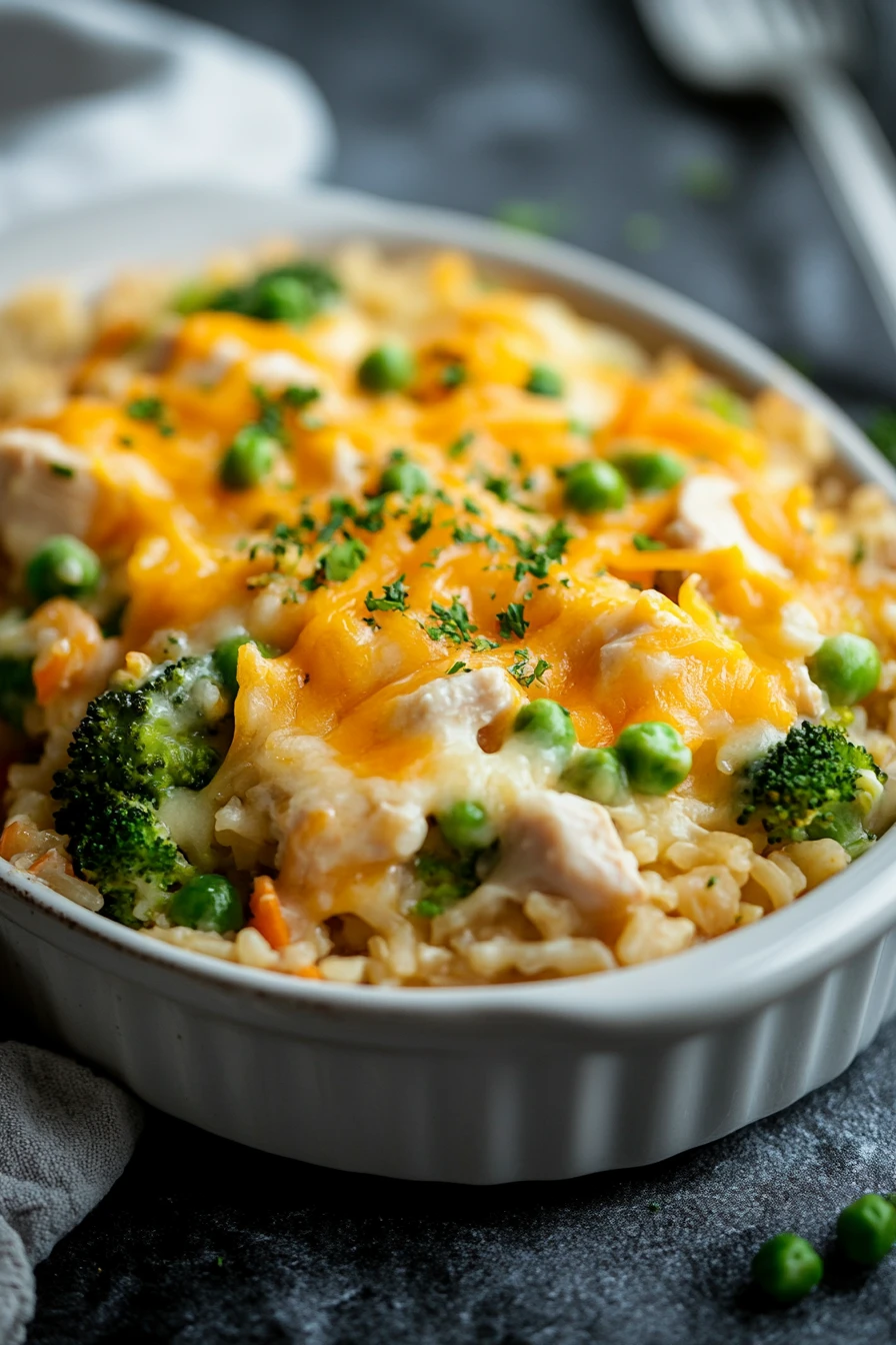 Close-up of a chicken rice casserole with a golden crust, served in a white dish.