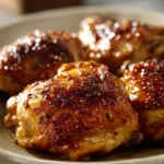Close-up of air-fried chicken thighs with honey glaze on a white plate.