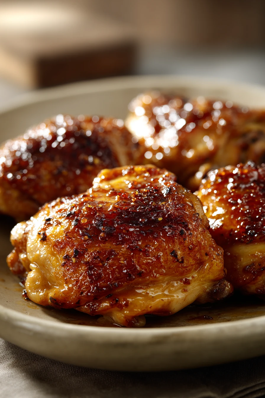 Close-up of air-fried chicken thighs with honey glaze on a white plate.