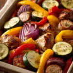 Close-up of chicken thigh and sausage sheet pan dinner with roasted vegetables