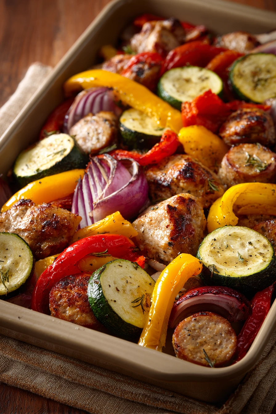 Close-up of chicken thigh and sausage sheet pan dinner with roasted vegetables