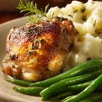 Close-up of a chicken thigh dinner with sides, featuring bright and appetizing presentation.
