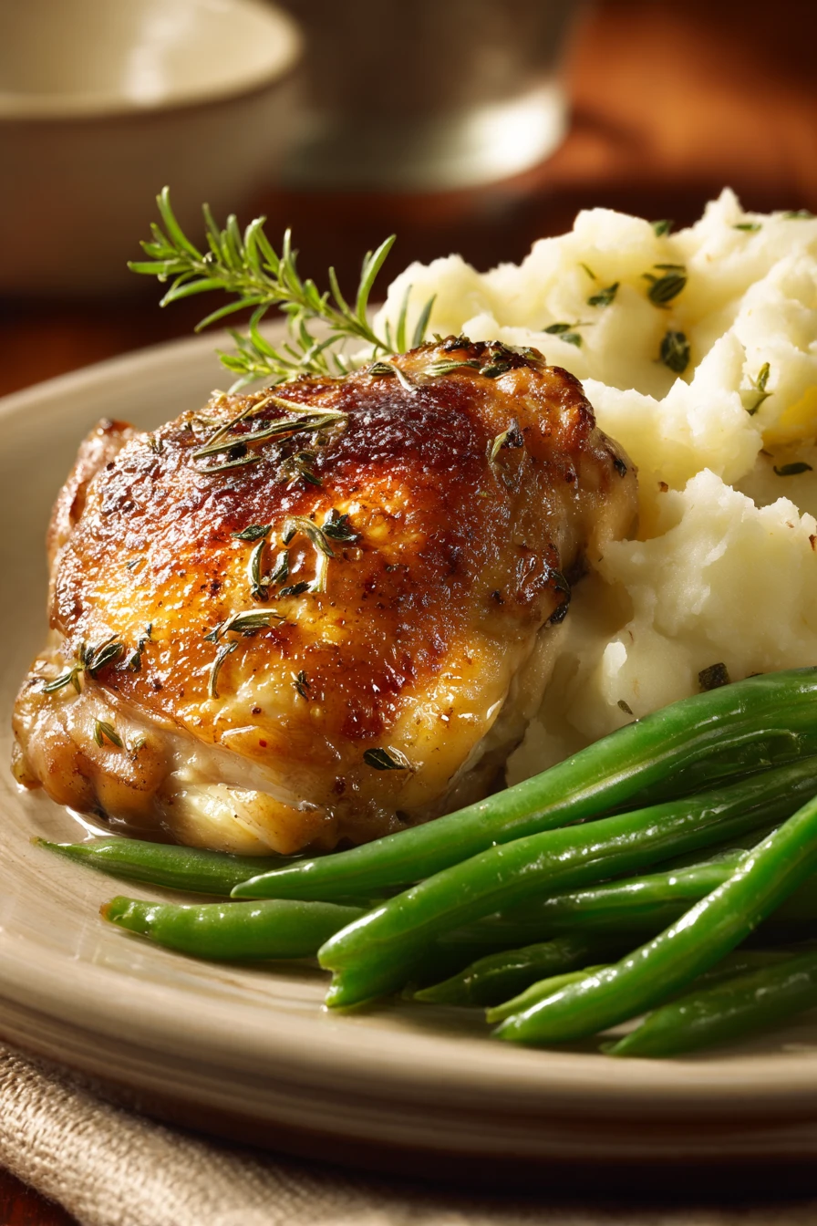 Close-up of a chicken thigh dinner with sides, featuring bright and appetizing presentation.