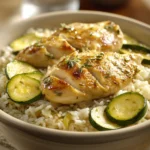 Close-up of a chicken zucchini rice dinner with bright natural lighting