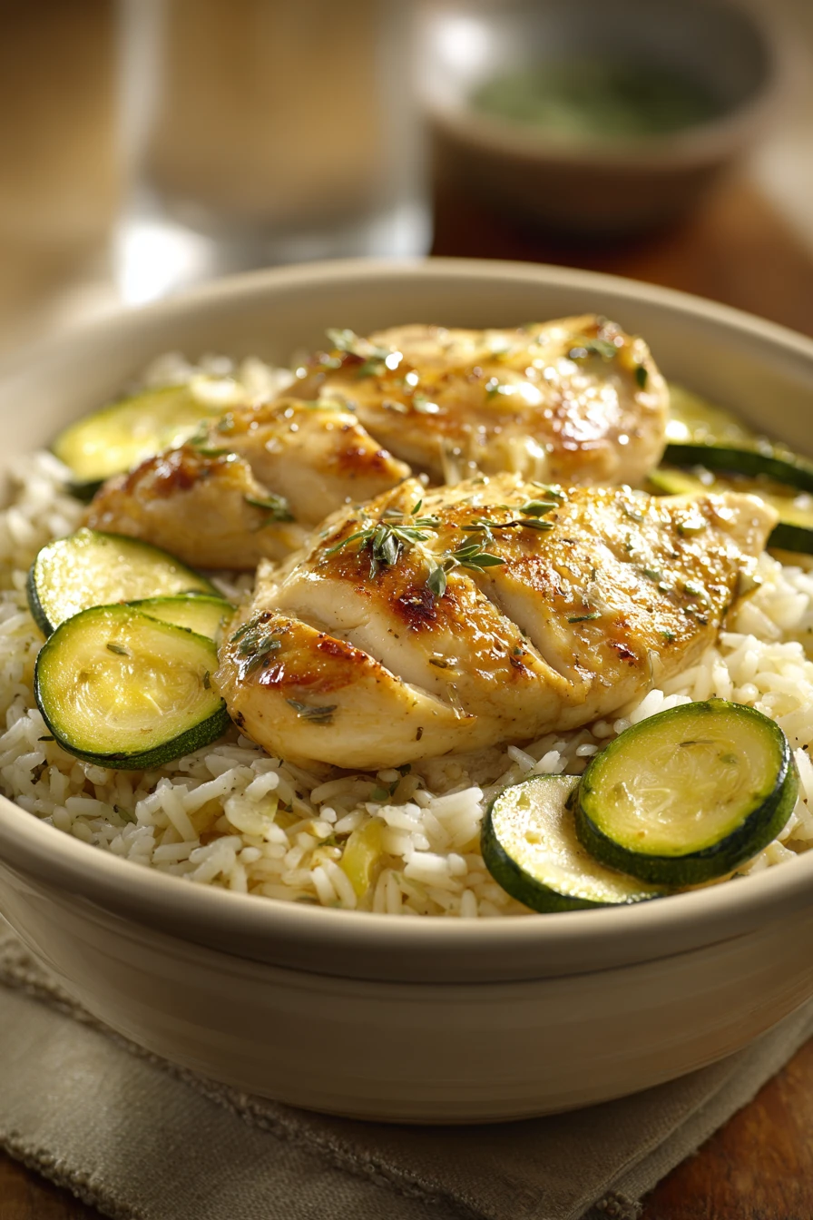 Close-up of a chicken zucchini rice dinner with bright natural lighting
