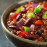 Close-up of a hearty bowl of Chili Con Carne with beans and spices.