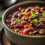 Close-up of chili in a slow cooker with beans and tomatoes