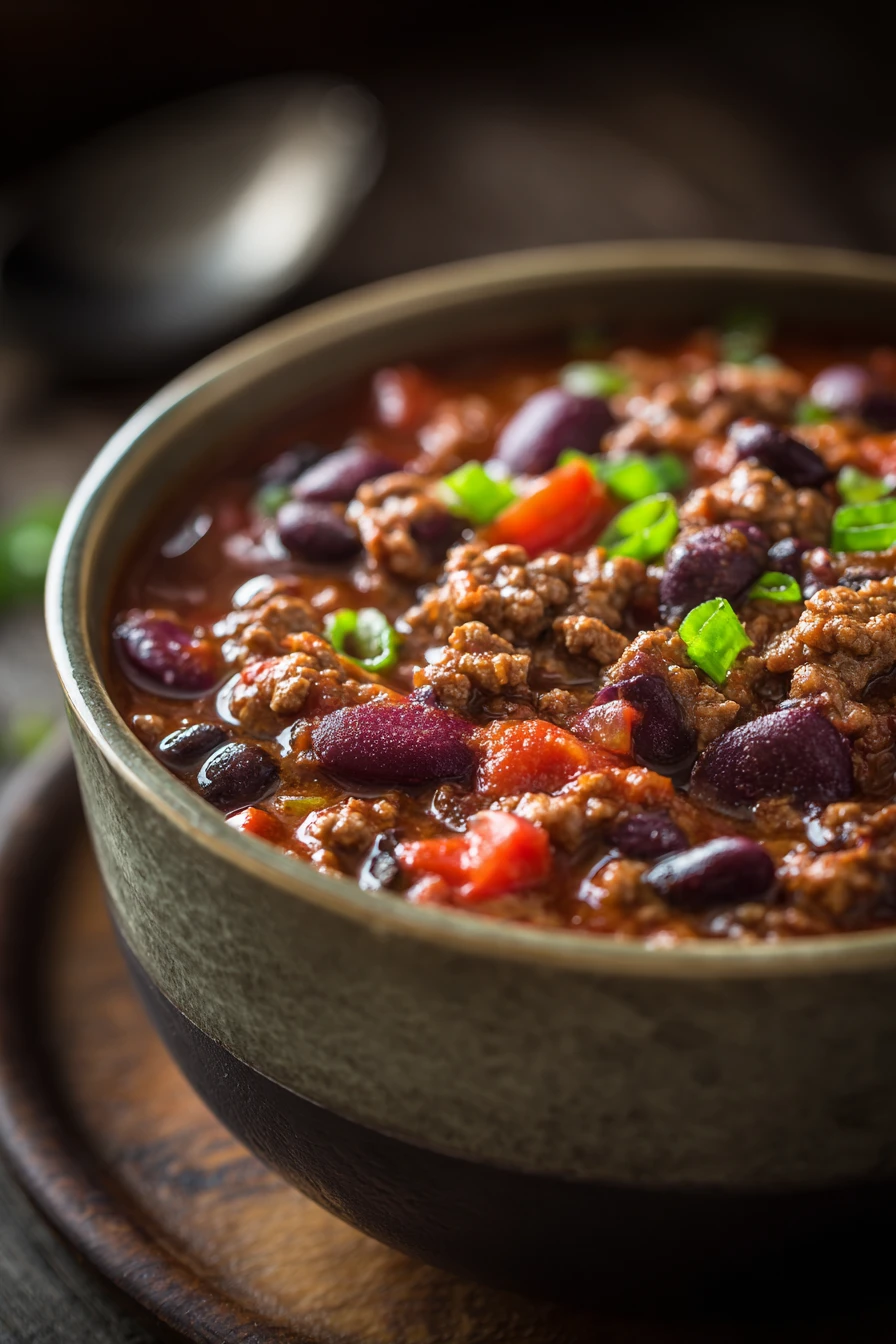 Close-up of chili in a slow cooker with beans and tomatoes