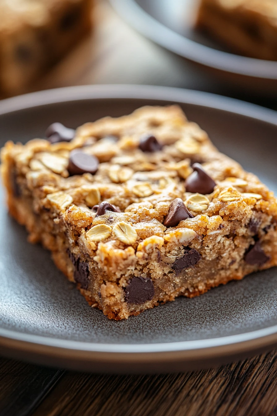 Close-up of chocolate chip oatmeal cookie bars with visible chocolate chips and a golden-brown texture.