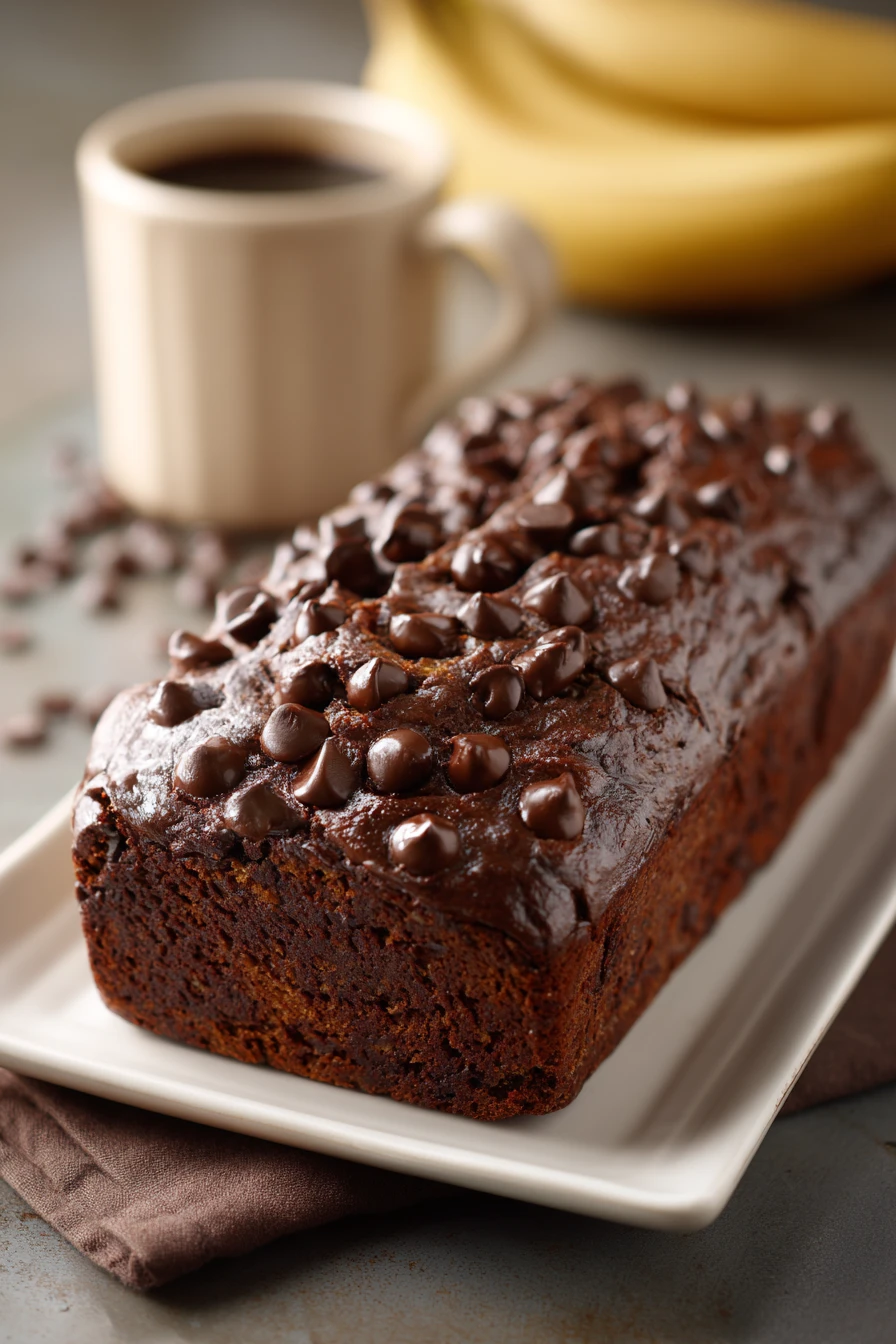 Close-up of Chocolate Espresso Banana Bread with rich textures and a clean background.