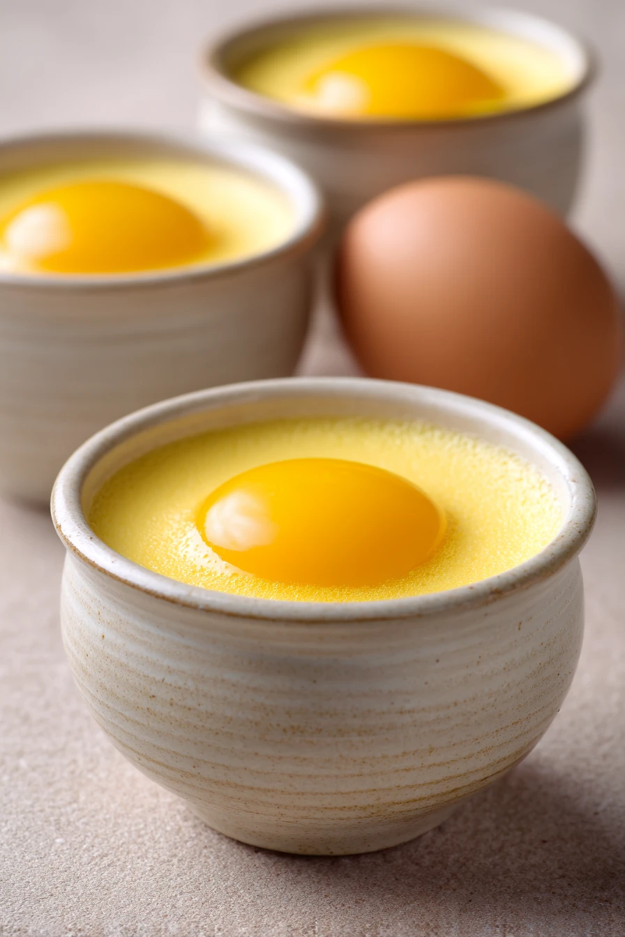Close-up of classic vanilla custard cups with a smooth, creamy texture and a light golden top.