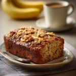 Close-up of coffee cake banana bread with a golden crust and moist texture.