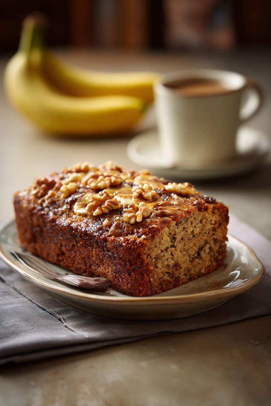 Close-up of coffee cake banana bread with a golden crust and moist texture.