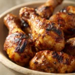 Close-up of Colombian marinated chicken drumsticks with a golden glaze on a white plate.