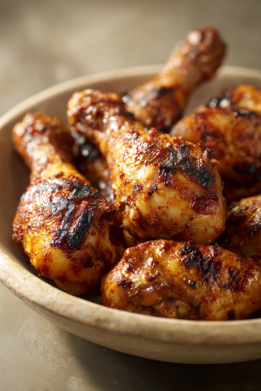 Close-up of Colombian marinated chicken drumsticks with a golden glaze on a white plate.