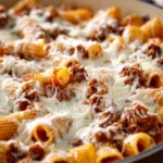 Close-up of a cottage cheese lasagna skillet with melted cheese and herbs.