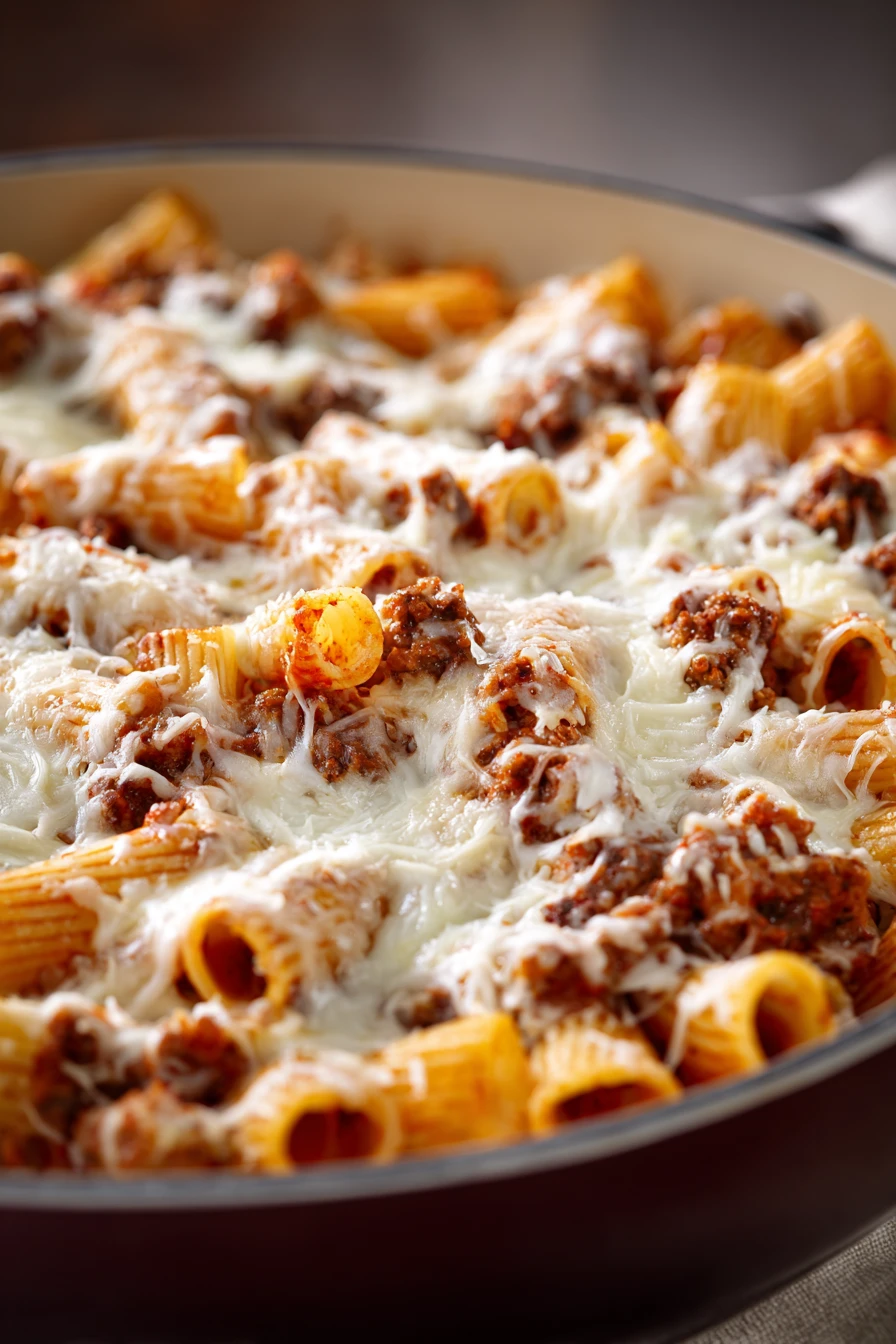 Close-up of a cottage cheese lasagna skillet with melted cheese and herbs.