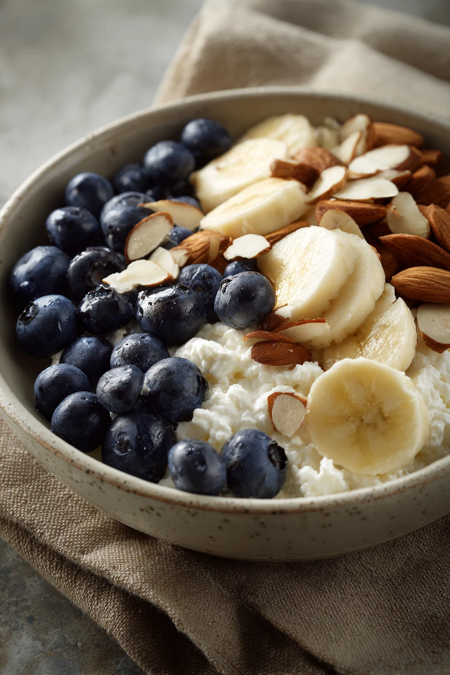 Close-up of a Cottage Cheese Protein Power Bowl with fresh ingredients and vibrant colors.