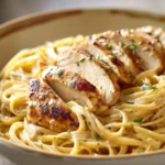 Close-up of Cowboy Butter Chicken Linguine with creamy sauce and herbs