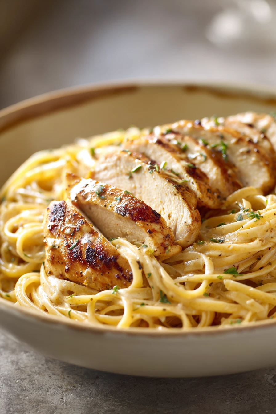 Close-up of Cowboy Butter Chicken Linguine with creamy sauce and herbs