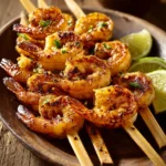 Close-up of Cowboy Butter Shrimp Skewers on a clean white plate with a minimal background.