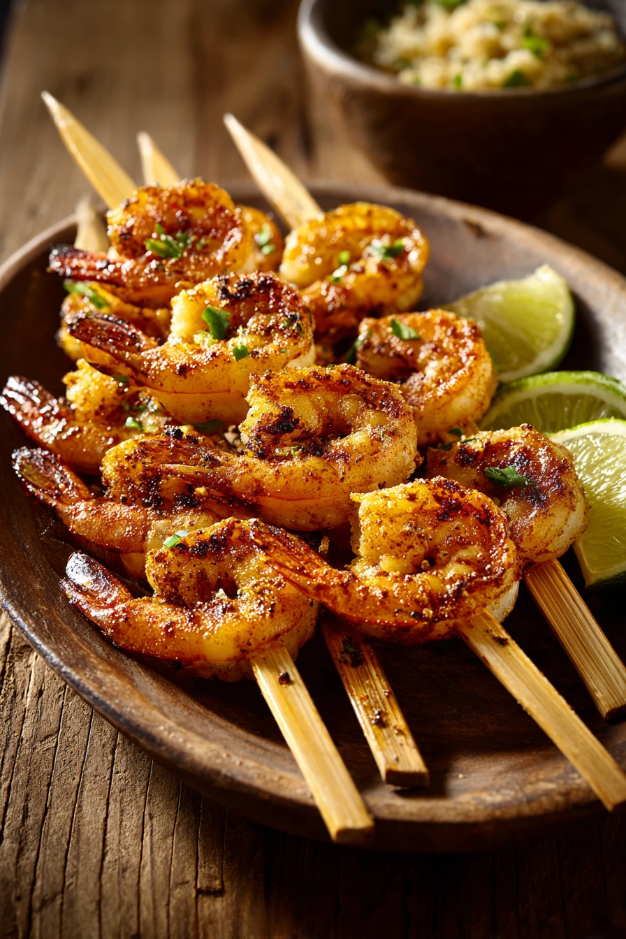 Close-up of Cowboy Butter Shrimp Skewers on a clean white plate with a minimal background.