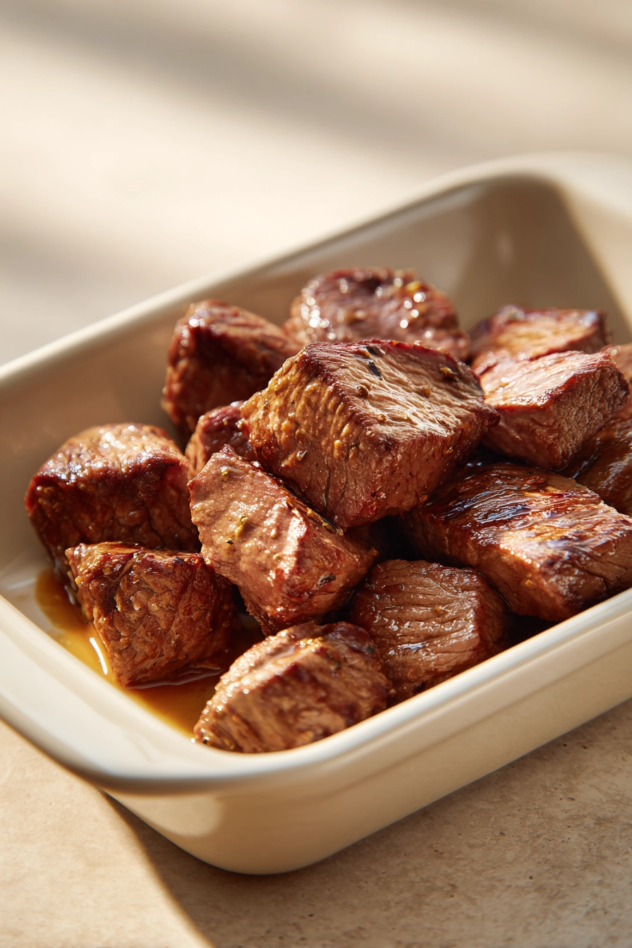 Close-up of Cowboy Butter Steak Bites with a clean background