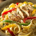 Close-up of creamy Cajun chicken pasta with rich sauce and herbs