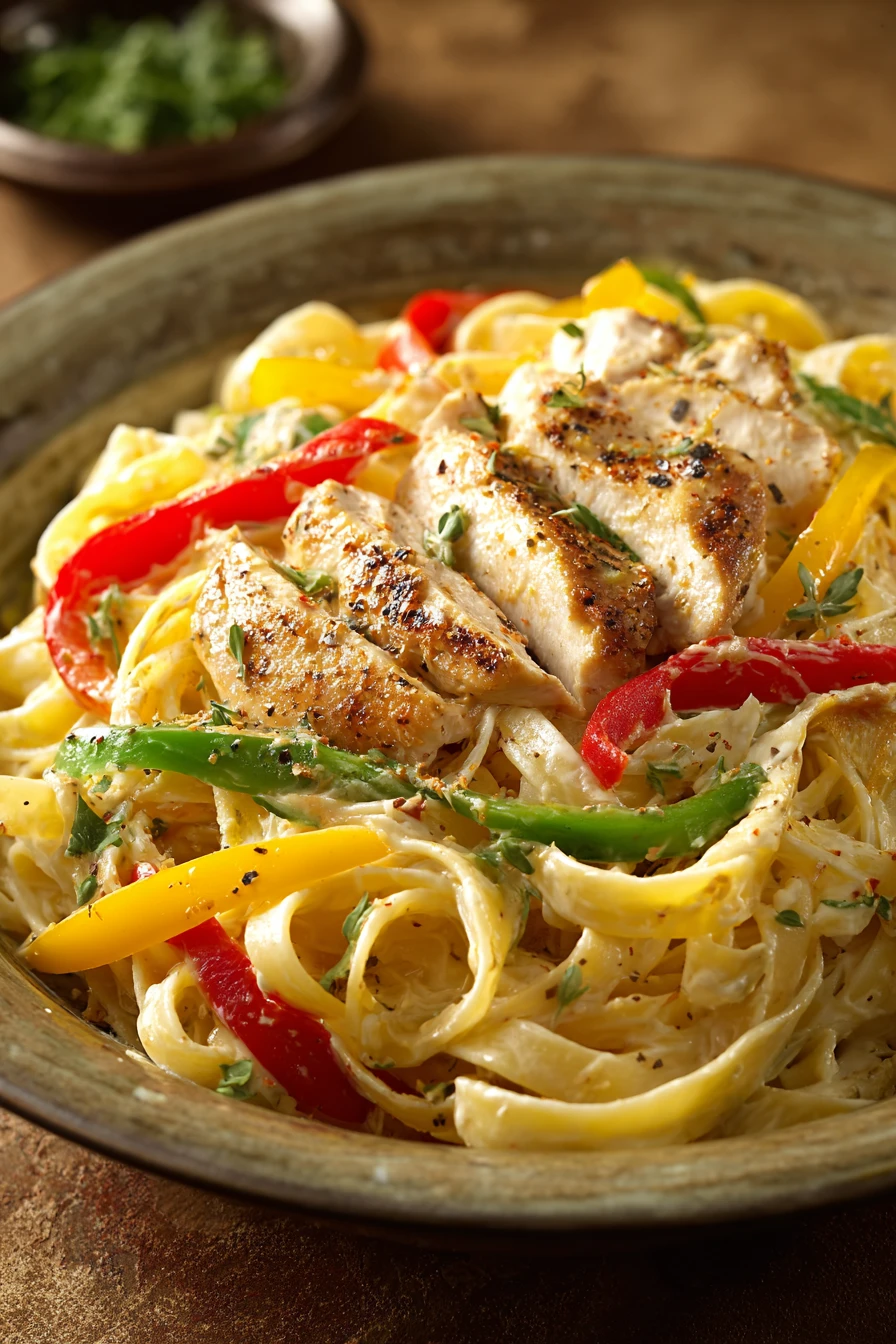 Close-up of creamy Cajun chicken pasta with rich sauce and herbs