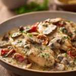 Close-up of a creamy chicken skillet with golden-brown chicken pieces and a rich sauce.